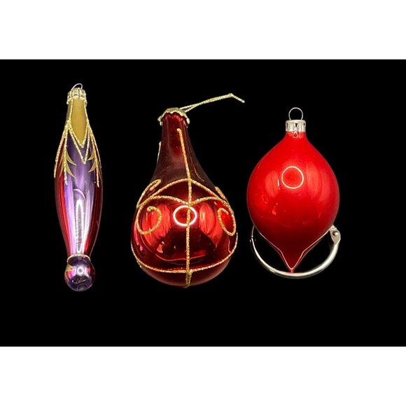Vintage Set of 3 Red and Gold Hand Blown Glass Christmas Ornaments - Picture 1 of 3